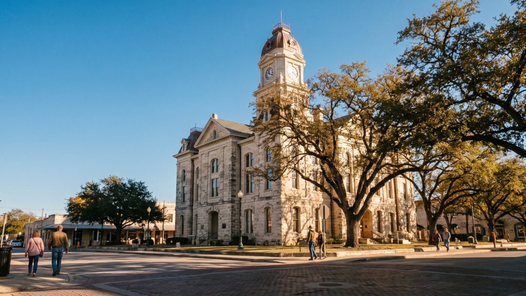 Historic limestone Comal County courthouse with a clock tower on the New Braunfels town square
