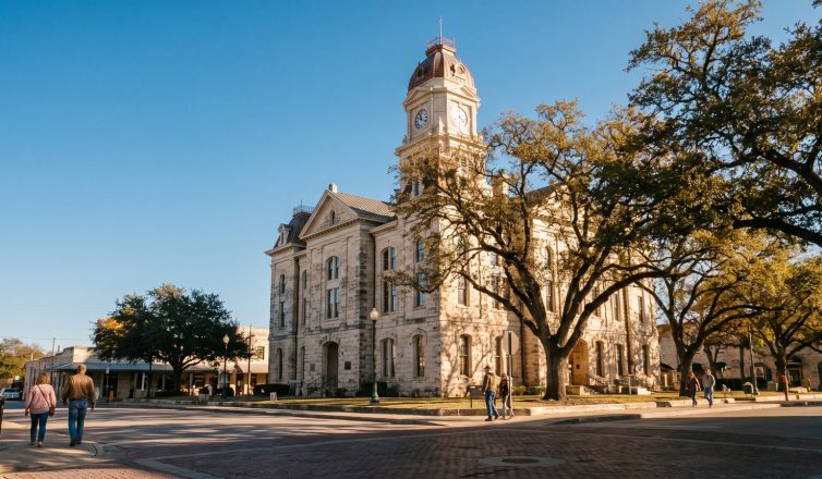 Historic limestone Comal County courthouse with a clock tower on the New Braunfels town square