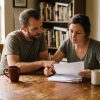 A couple reviewing household paperwork together at a kitchen table in a Central Texas home