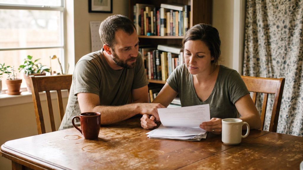 A couple reviewing household paperwork together at a kitchen table in a Central Texas home