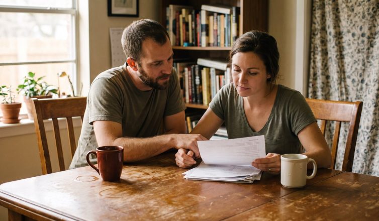 A couple reviewing household paperwork together at a kitchen table in a Central Texas home