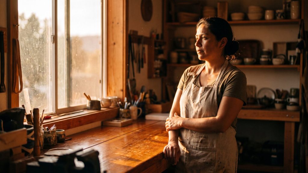 A small-business owner standing in her Central Texas workshop at golden hour