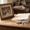 A framed family photo beside an empty document folder and house keys on a side table
