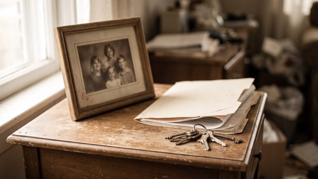 A framed family photo beside an empty document folder and house keys on a side table
