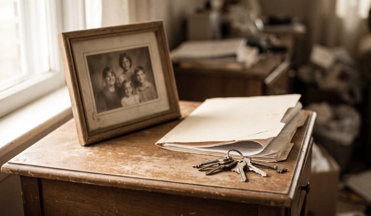 A framed family photo beside an empty document folder and house keys on a side table