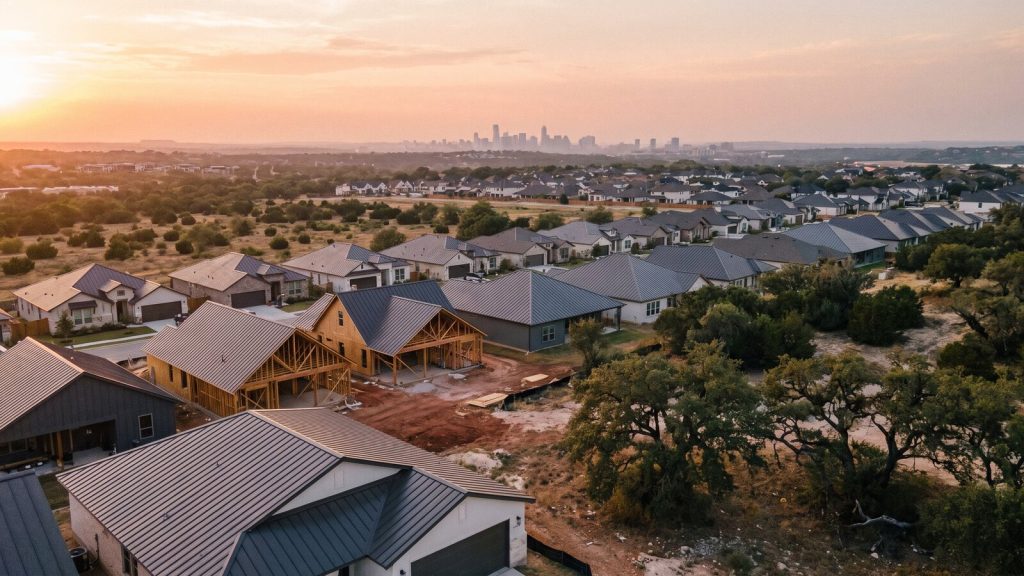 Aerial view of a fast-growing Central Texas subdivision near the Hill Country with the Austin skyline on the horizon