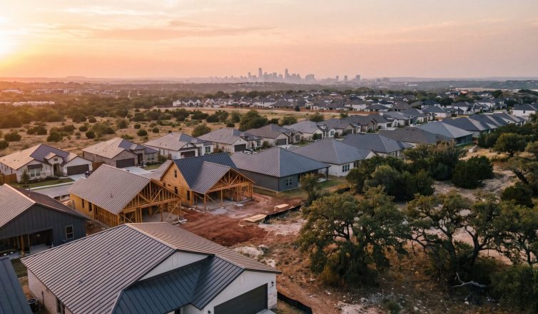 Aerial view of a fast-growing Central Texas subdivision near the Hill Country with the Austin skyline on the horizon