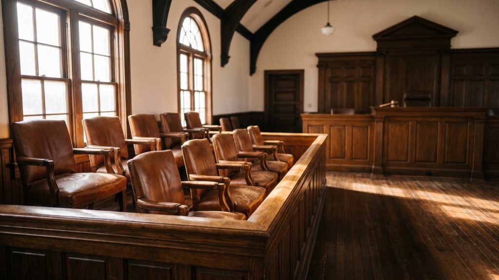 Empty wooden jury box in a traditional Texas courtroom