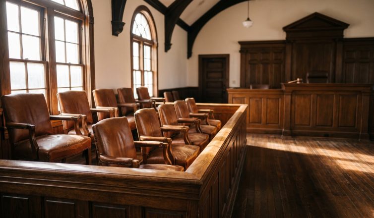 Empty wooden jury box in a traditional Texas courtroom