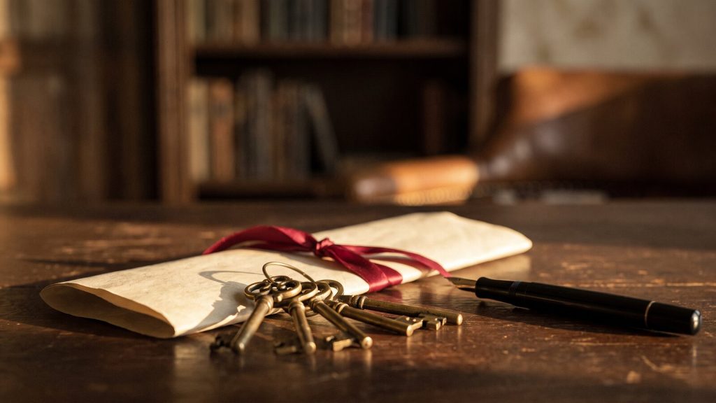 House keys resting on a folded legal document tied with a ribbon