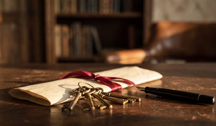 House keys resting on a folded legal document tied with a ribbon