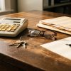 A desk with a calculator, house and car keys, reading glasses, and document folders