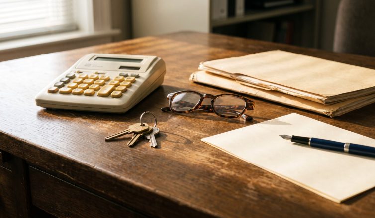 A desk with a calculator, house and car keys, reading glasses, and document folders