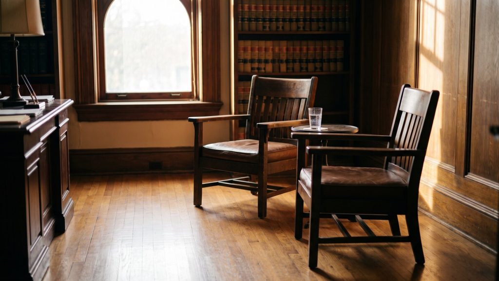Quiet judge's chambers in a Texas courthouse with two chairs angled toward each other