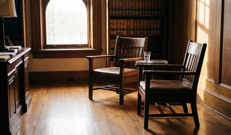 Quiet judge's chambers in a Texas courthouse with two chairs angled toward each other