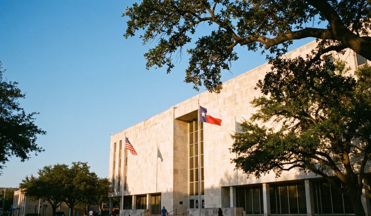 A limestone county courthouse in downtown Austin framed by live oak trees with Texas and U.S. flags