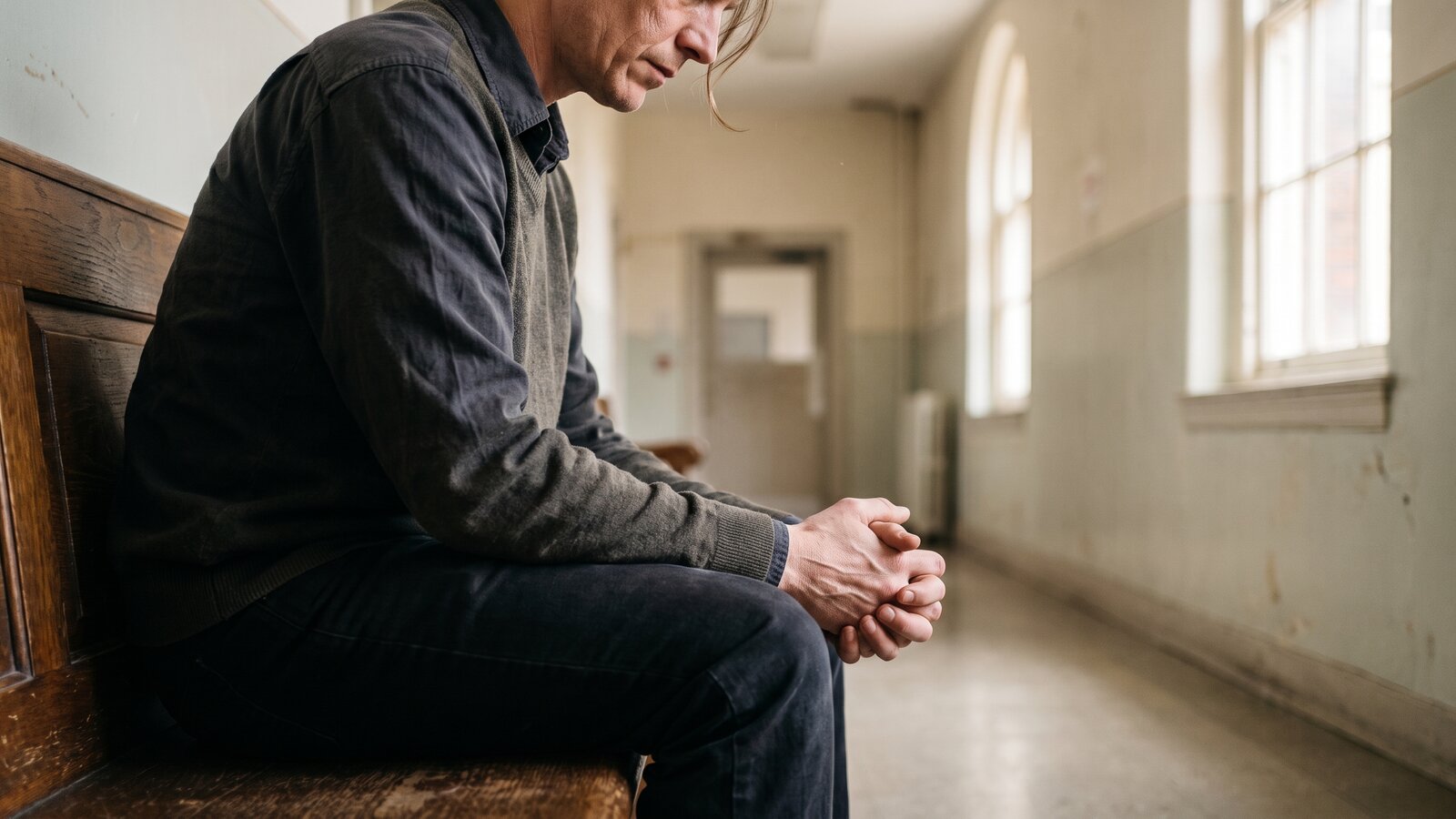 A parent waiting on a wooden bench in a courthouse hallway
