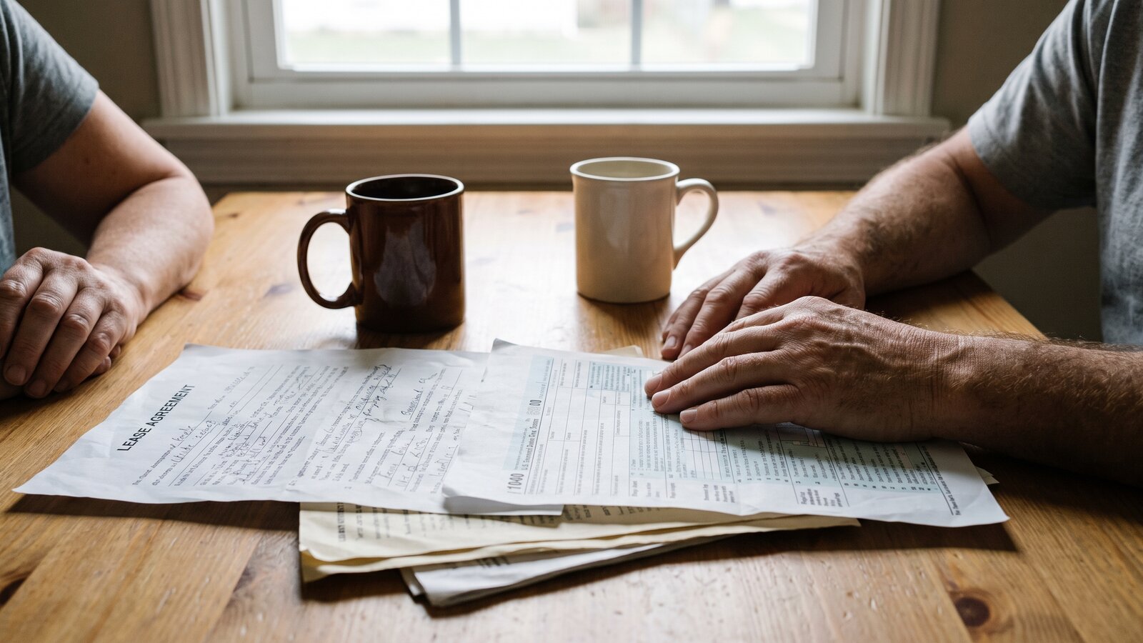 A couple reviewing a lease and a joint tax return at a kitchen table, the kind of records used to prove a Texas common law marriage