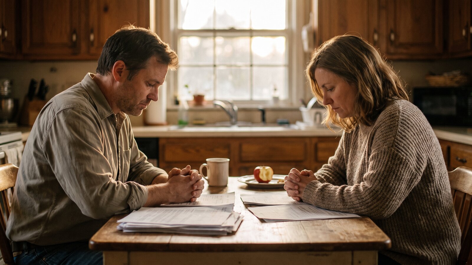 A couple reviewing retirement and small-business paperwork across a kitchen table