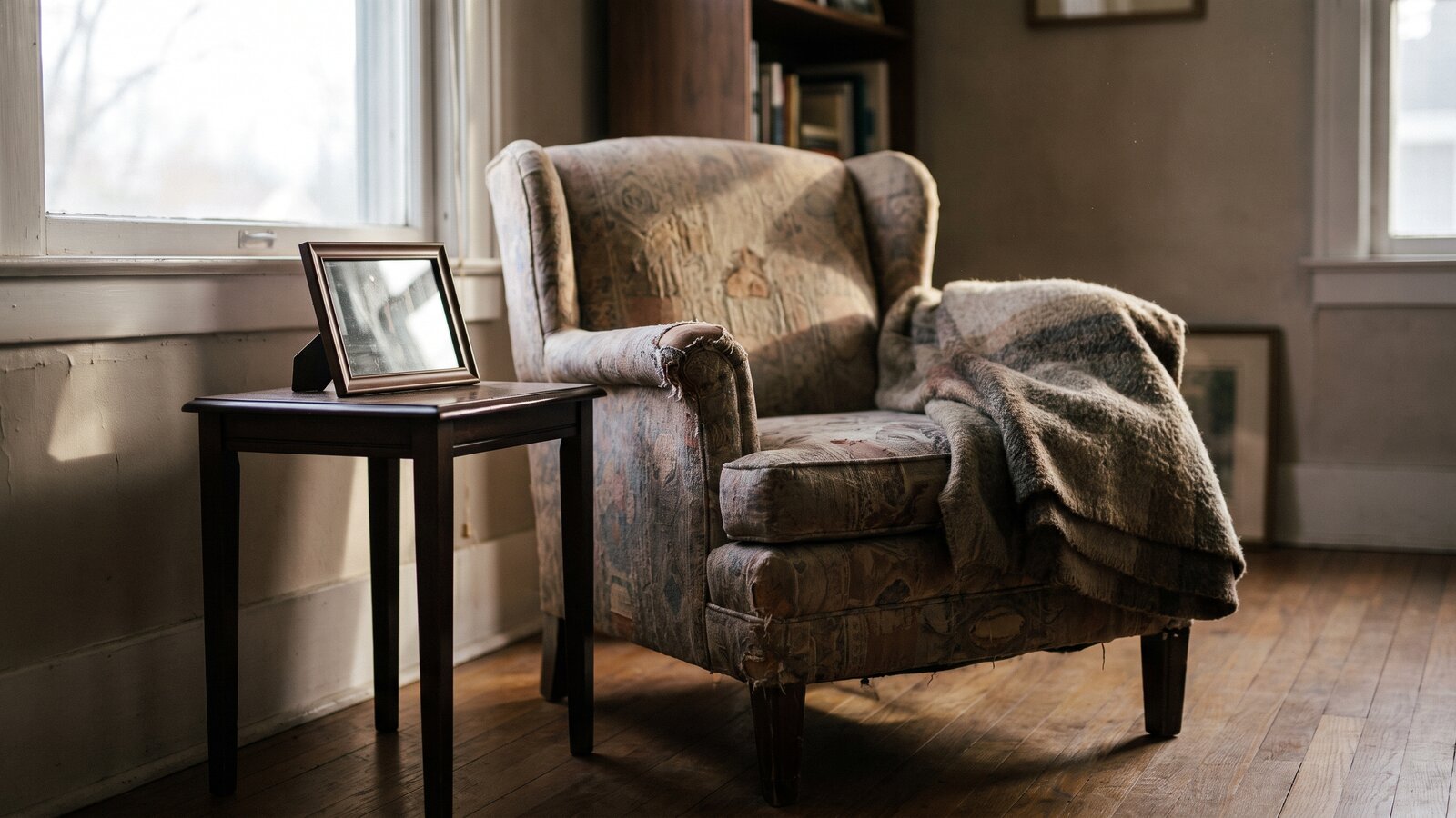 A quiet living room with an empty armchair and a framed photo, evoking a family home after a loss