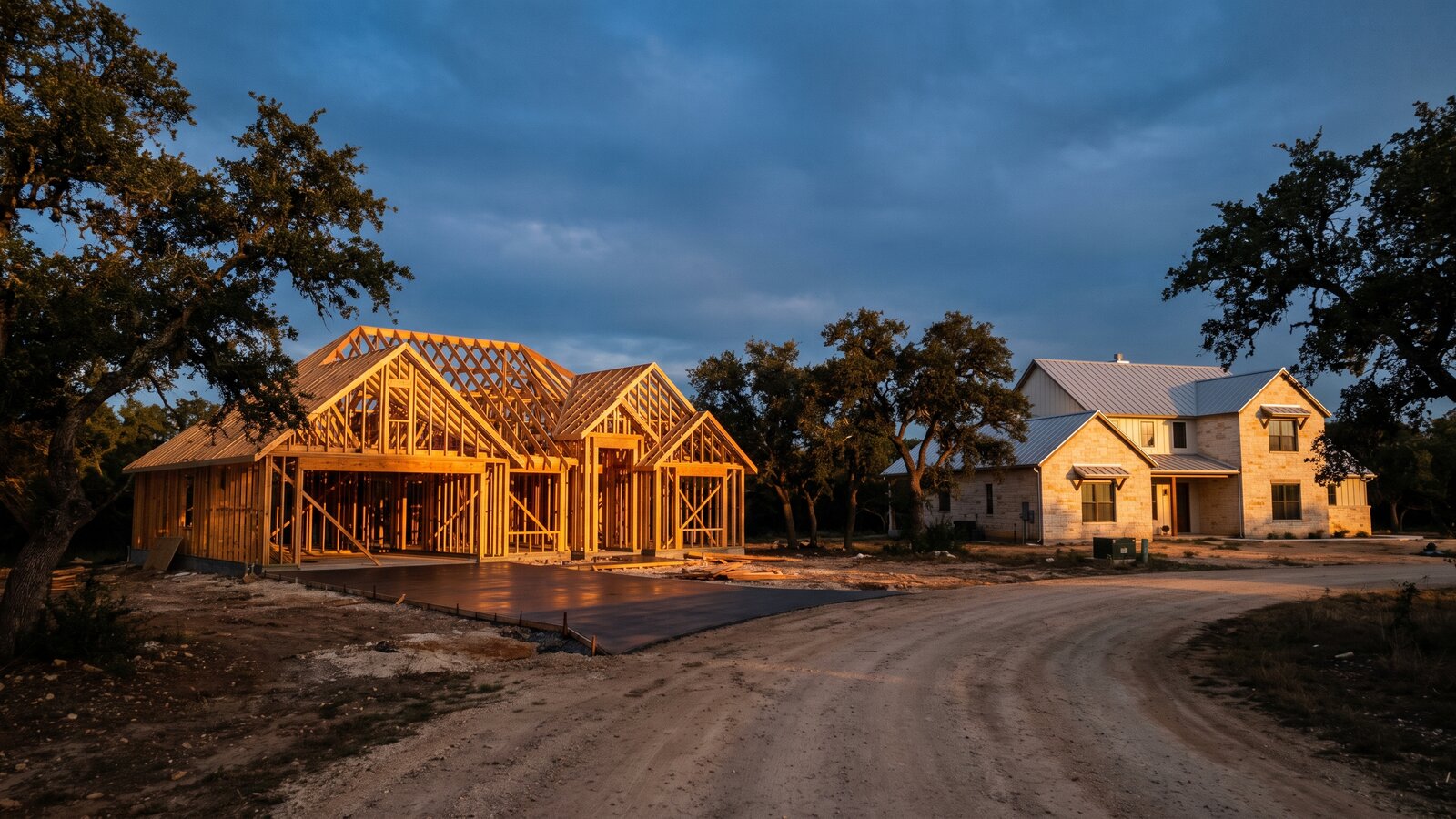 A new single-family home under construction on a Hill Country street at golden hour