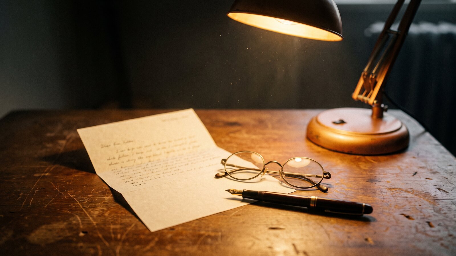 A handwritten letter folded on a desk beside reading glasses and a fountain pen in warm lamplight