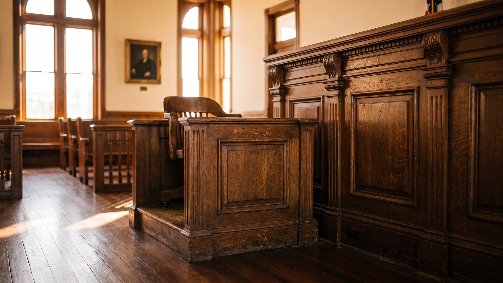 An empty witness stand beside the judge's bench in a Texas courtroom