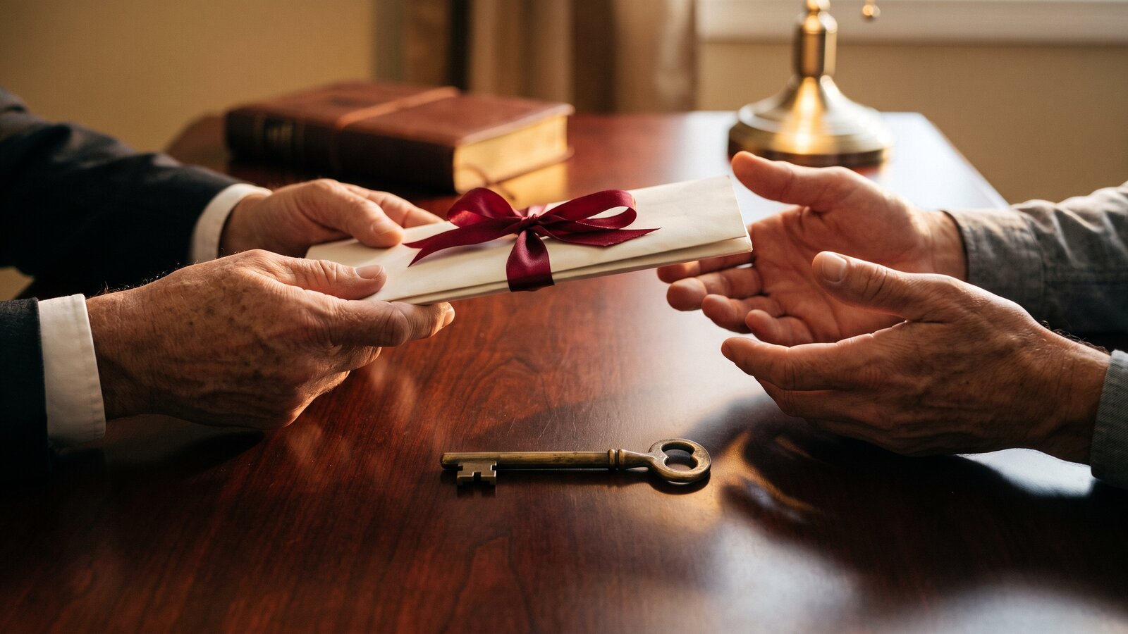 Hands passing a folded property deed across a wooden desk