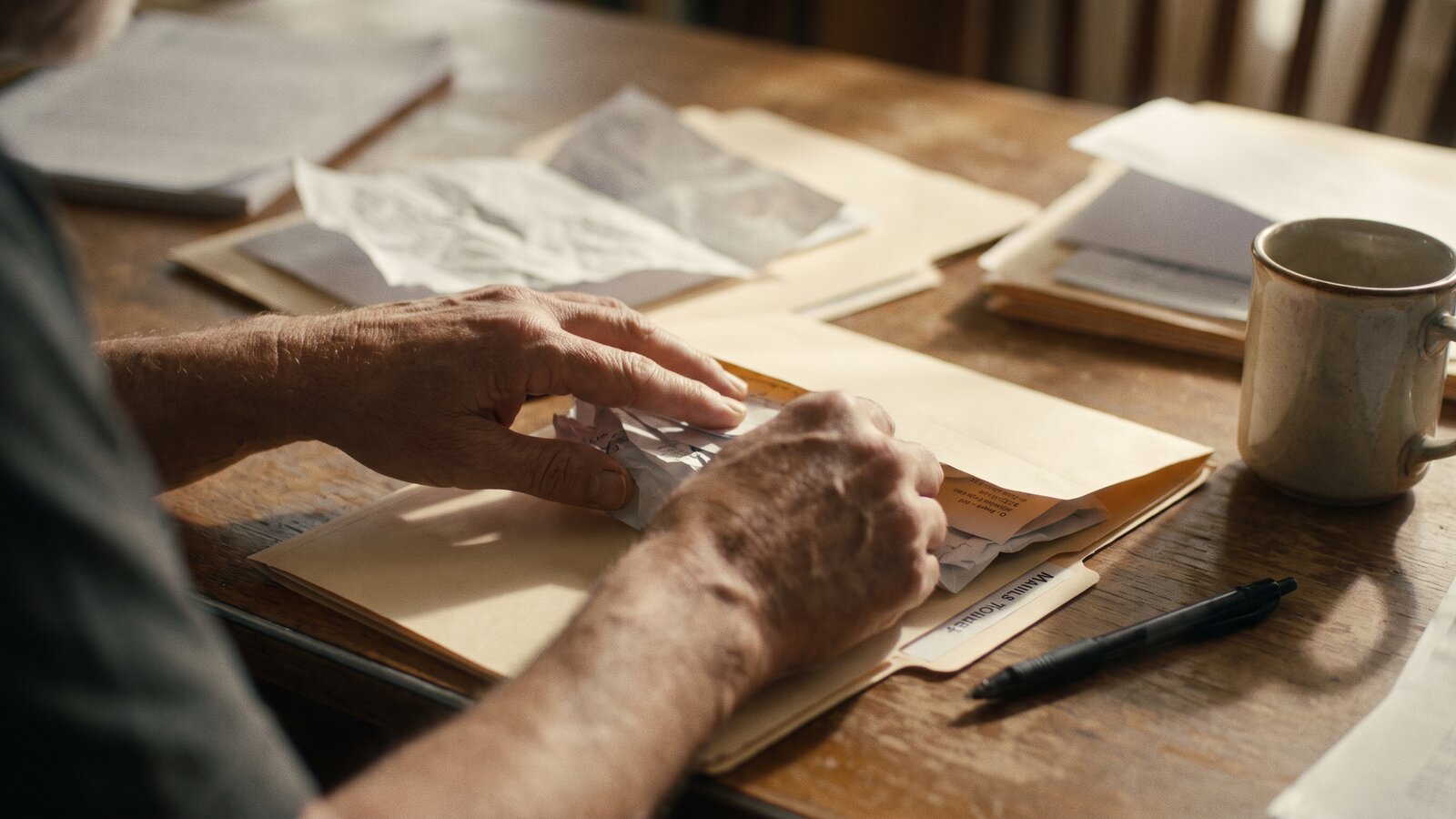 A person sorting household financial documents into labeled folders on a table