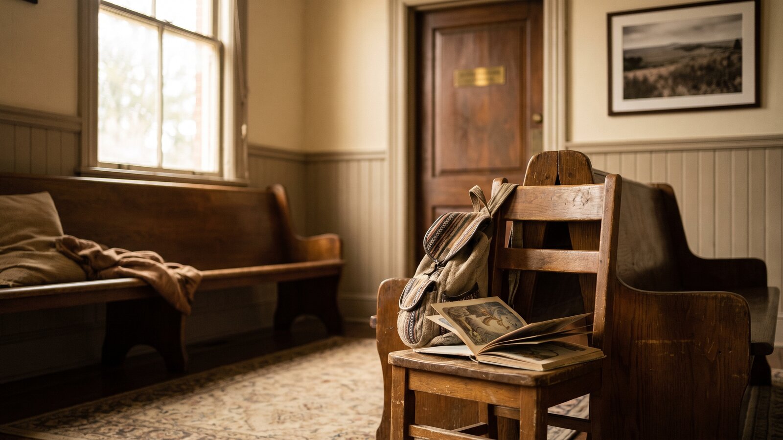 A small chair and a child's backpack in a calm waiting area outside a Texas judge's chambers