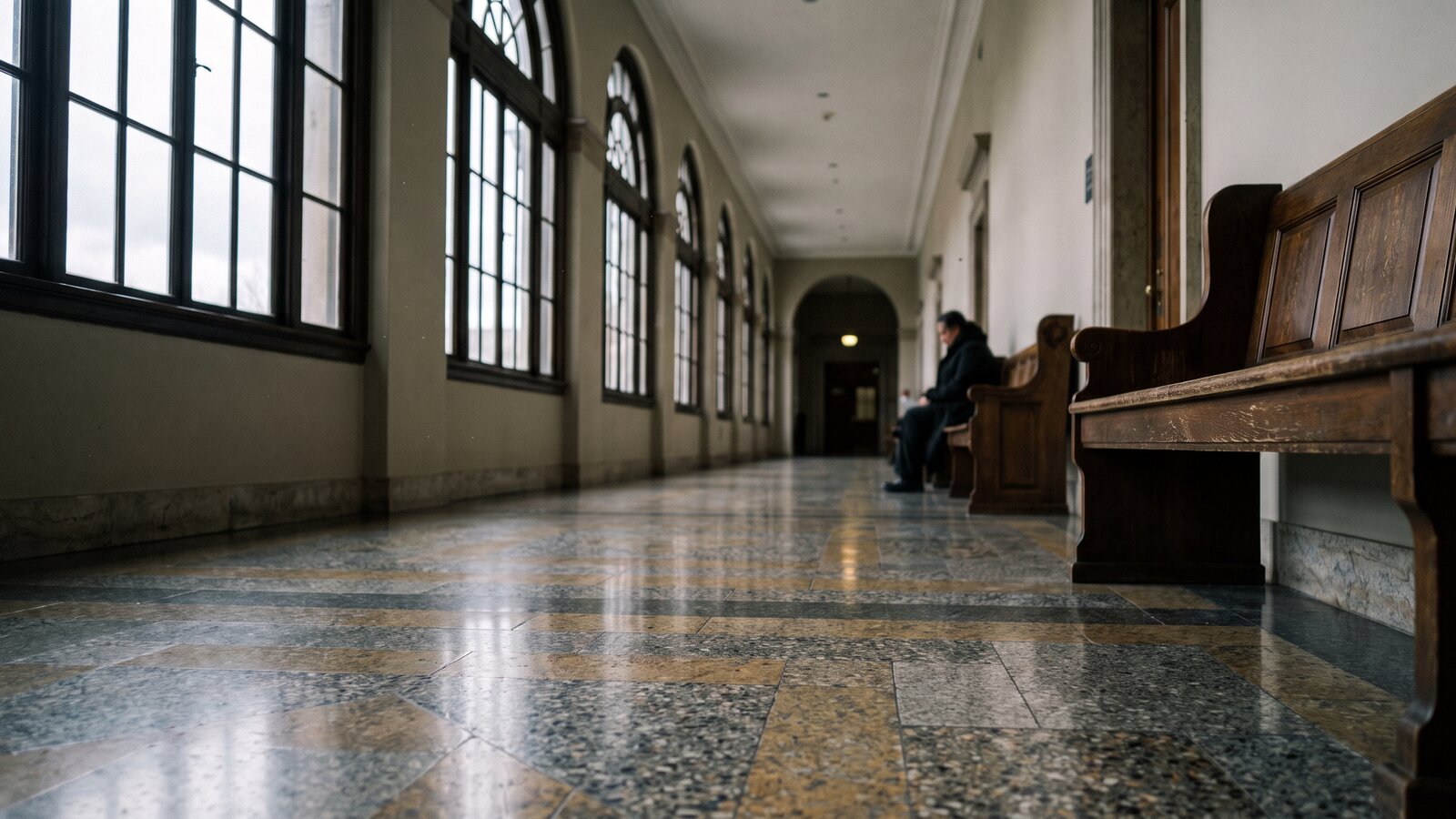 A quiet courthouse corridor with tall windows and wooden benches
