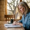 A woman in her fifties reviews financial papers at a kitchen table in a Texas Hill Country home while weighing spousal maintenance after a long marriage