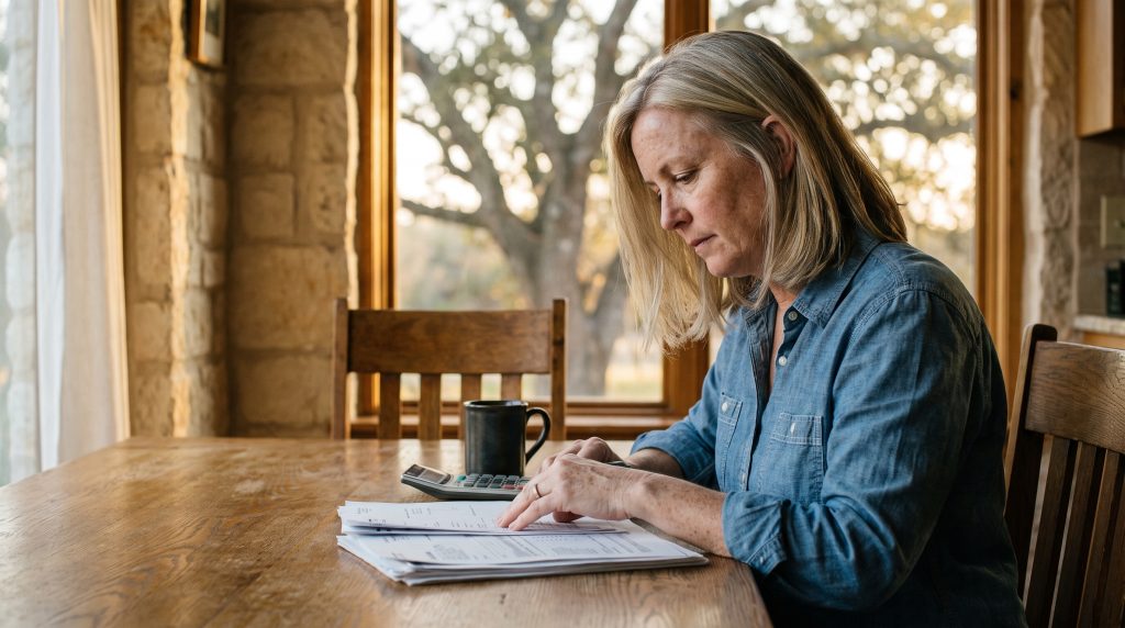 A woman in her fifties reviews financial papers at a kitchen table in a Texas Hill Country home while weighing spousal maintenance after a long marriage