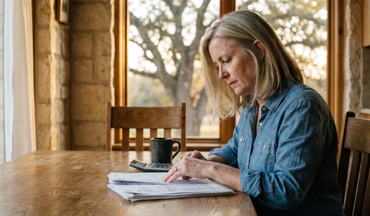 A woman in her fifties reviews financial papers at a kitchen table in a Texas Hill Country home while weighing spousal maintenance after a long marriage