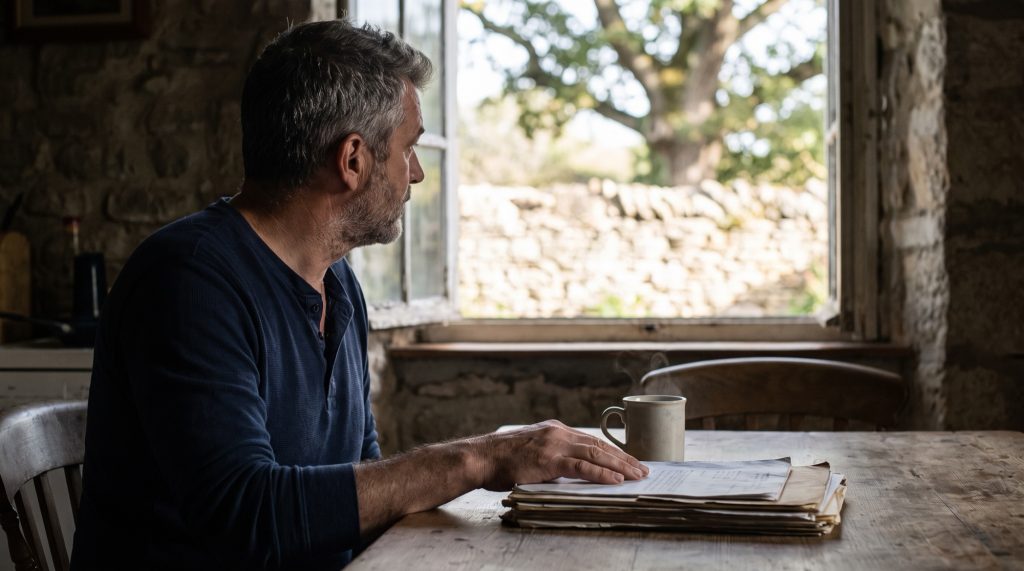 Man in a Texas Hill Country kitchen reviewing old paperwork after a former partner claims a common-law marriage