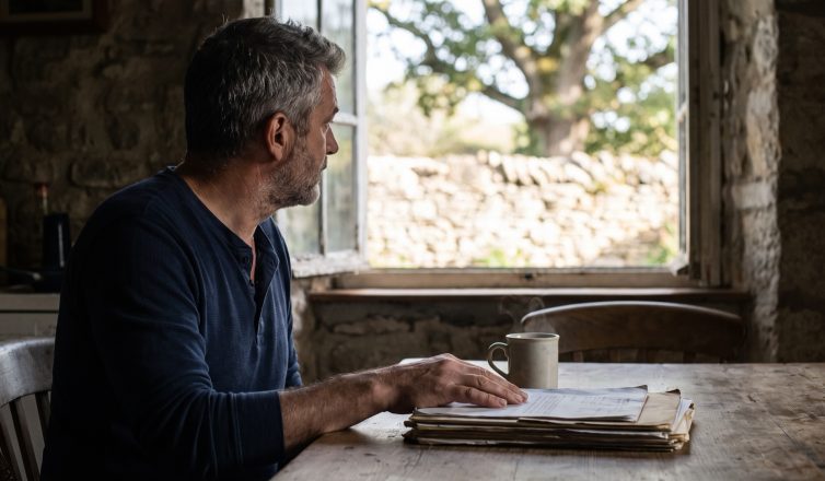 Man in a Texas Hill Country kitchen reviewing old paperwork after a former partner claims a common-law marriage
