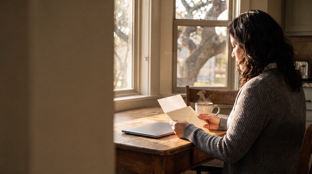 A woman at her kitchen table in a Central Texas home reads a letter about her stalled divorce case