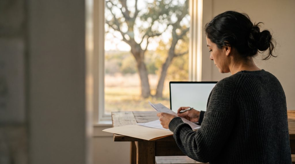 Parent reviewing papers at a kitchen table in a Texas Hill Country home before asking for retroactive child support