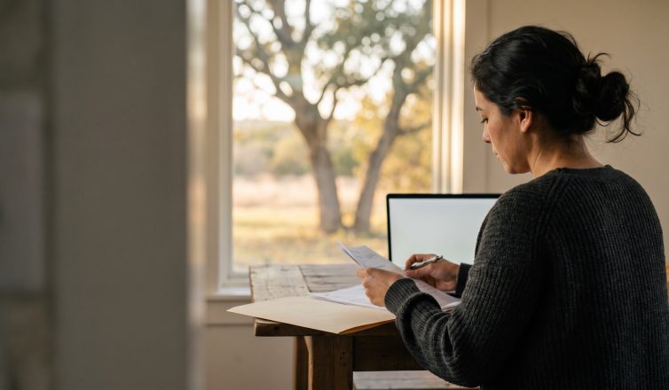 Parent reviewing papers at a kitchen table in a Texas Hill Country home before asking for retroactive child support