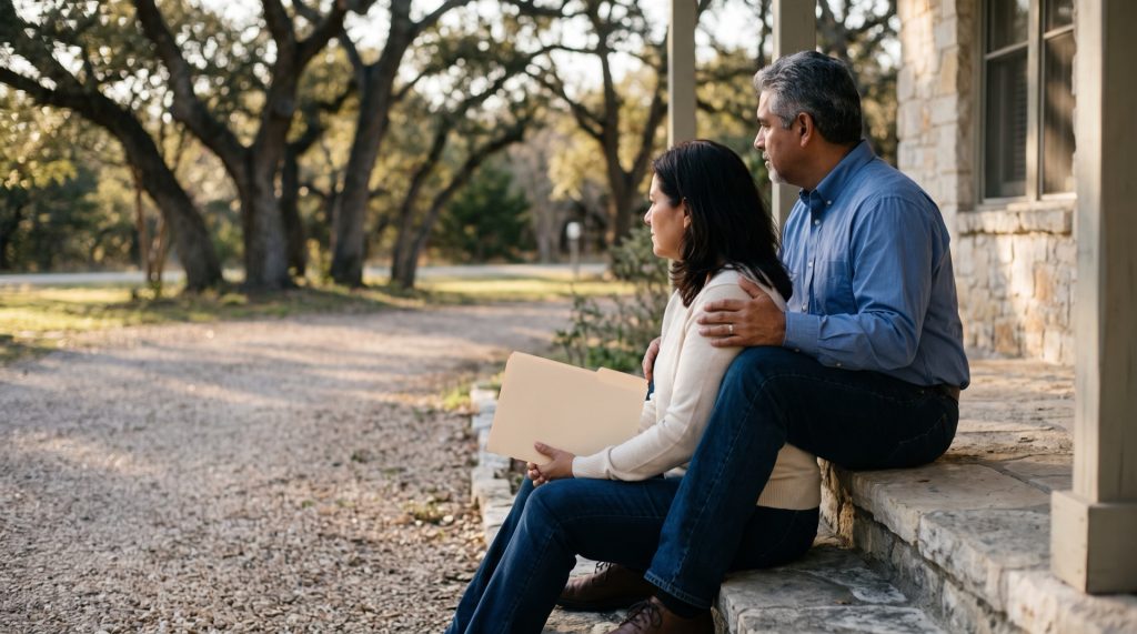 Two adult siblings sit on the porch steps of a parent's limestone home in the Texas Hill Country holding a folder of estate papers