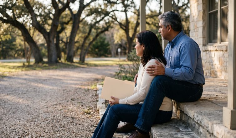 Two adult siblings sit on the porch steps of a parent's limestone home in the Texas Hill Country holding a folder of estate papers