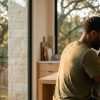 A father helps his daughter with homework at the kitchen island of a modern Austin home