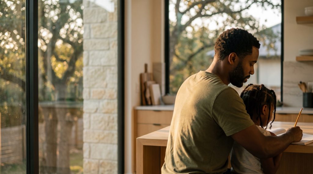 A father helps his daughter with homework at the kitchen island of a modern Austin home