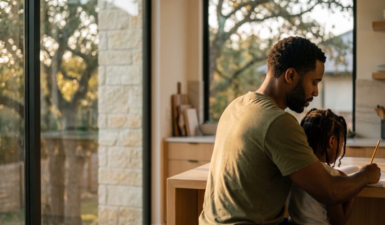 A father helps his daughter with homework at the kitchen island of a modern Austin home