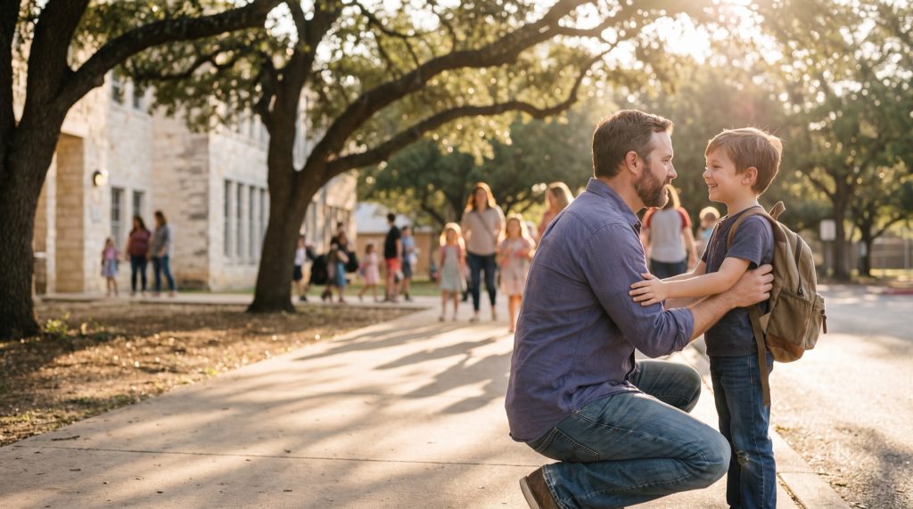 A father kneels to greet his son at afternoon school dismissal under live oaks outside a limestone Texas elementary school
