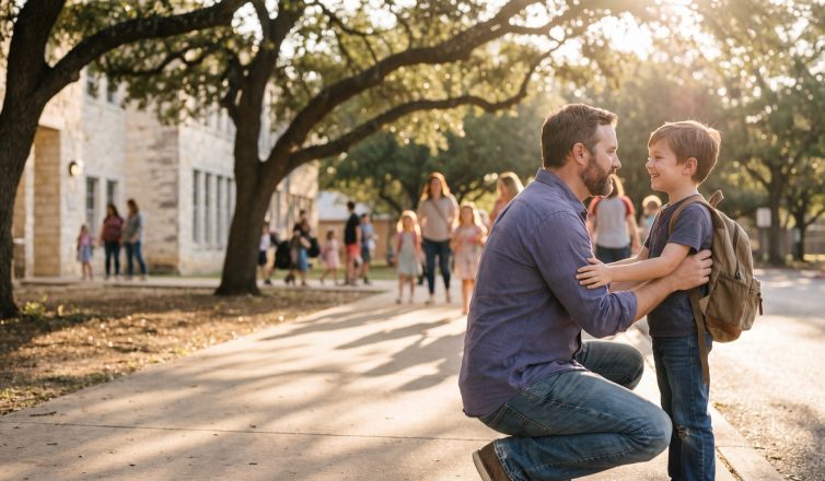 A father kneels to greet his son at afternoon school dismissal under live oaks outside a limestone Texas elementary school