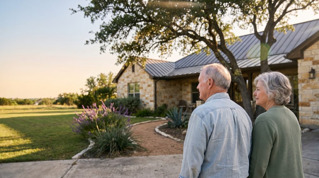Retired couple outside their Texas Hill Country limestone home considering a transfer on death deed