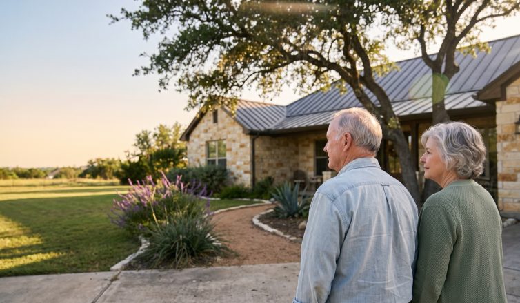 Retired couple outside their Texas Hill Country limestone home considering a transfer on death deed