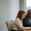 Attorney pointing to a term in a mediated settlement agreement while his client reads it before signing