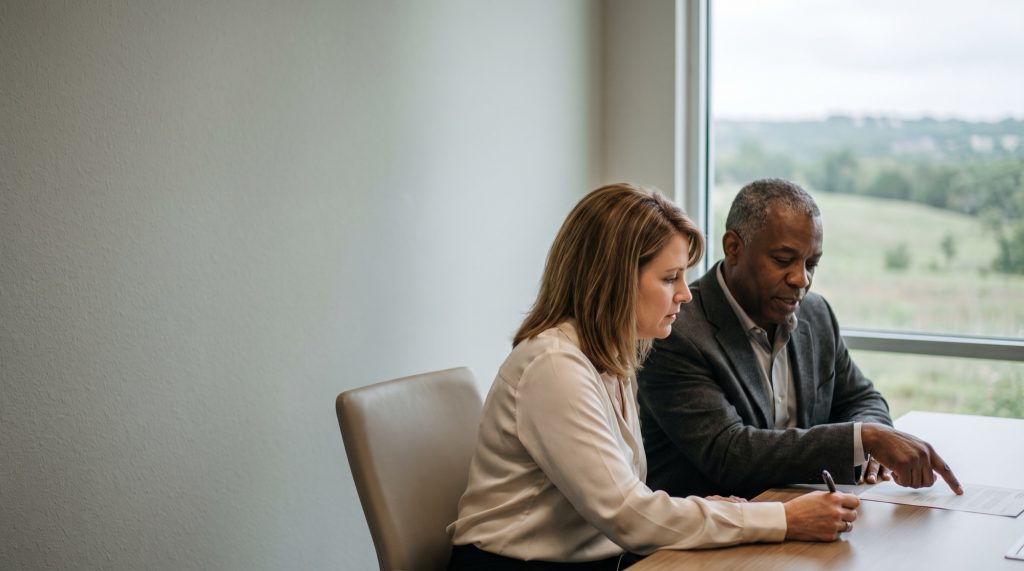 Attorney pointing to a term in a mediated settlement agreement while his client reads it before signing